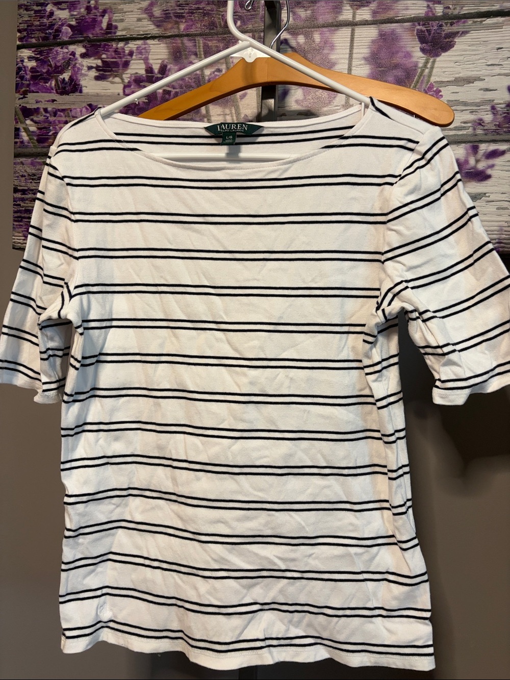 Lauren Ralph Lauren White and black Striped Boatneck Tee 3/4 Sleeve